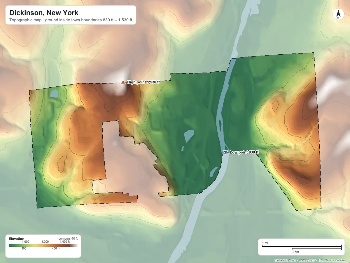 Topographic elevation map of Dickinson, New York, shaded from 830 ft on the southeast side to 1,530 ft on the northwest side