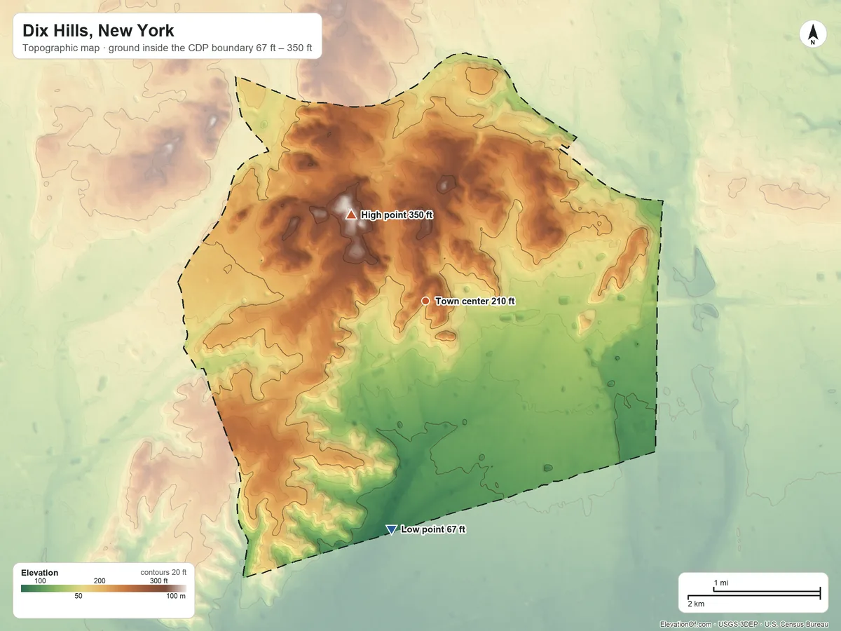 Topographic elevation map of Dix Hills, New York, shaded from 67 ft on the south side to 350 ft on Dix Hills