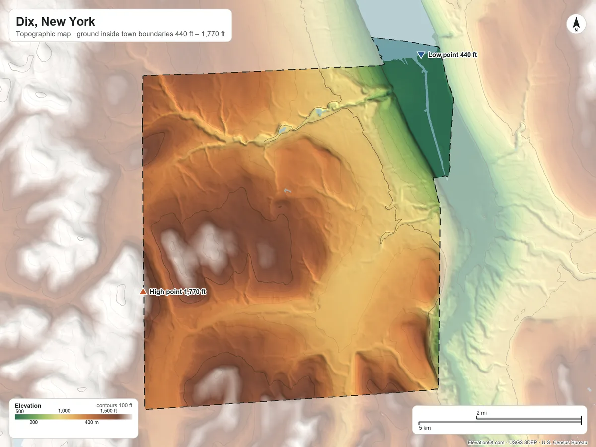 Topographic elevation map of Dix, New York, shaded from 440 ft on the northeast side to 1,770 ft on the southwest side