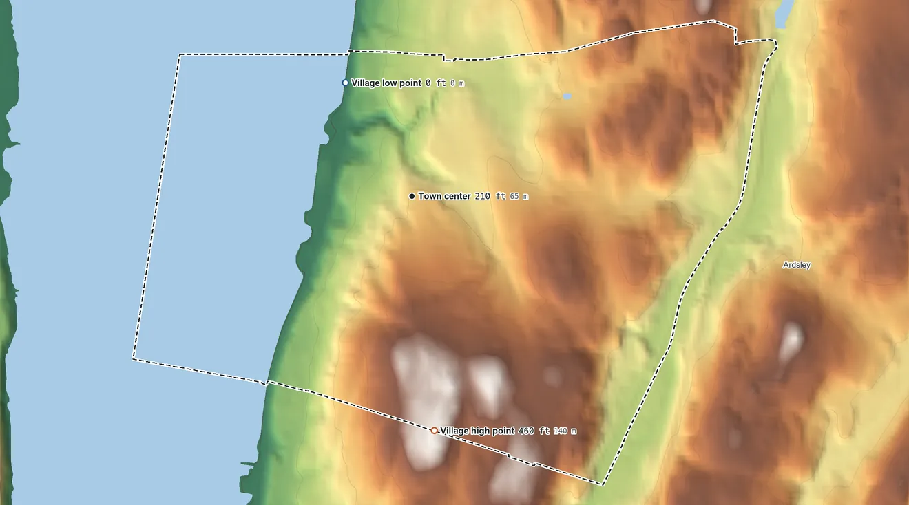 Topographic elevation map of Dobbs Ferry, New York, shaded from 0 ft on the northwest side to 460 ft on the south side