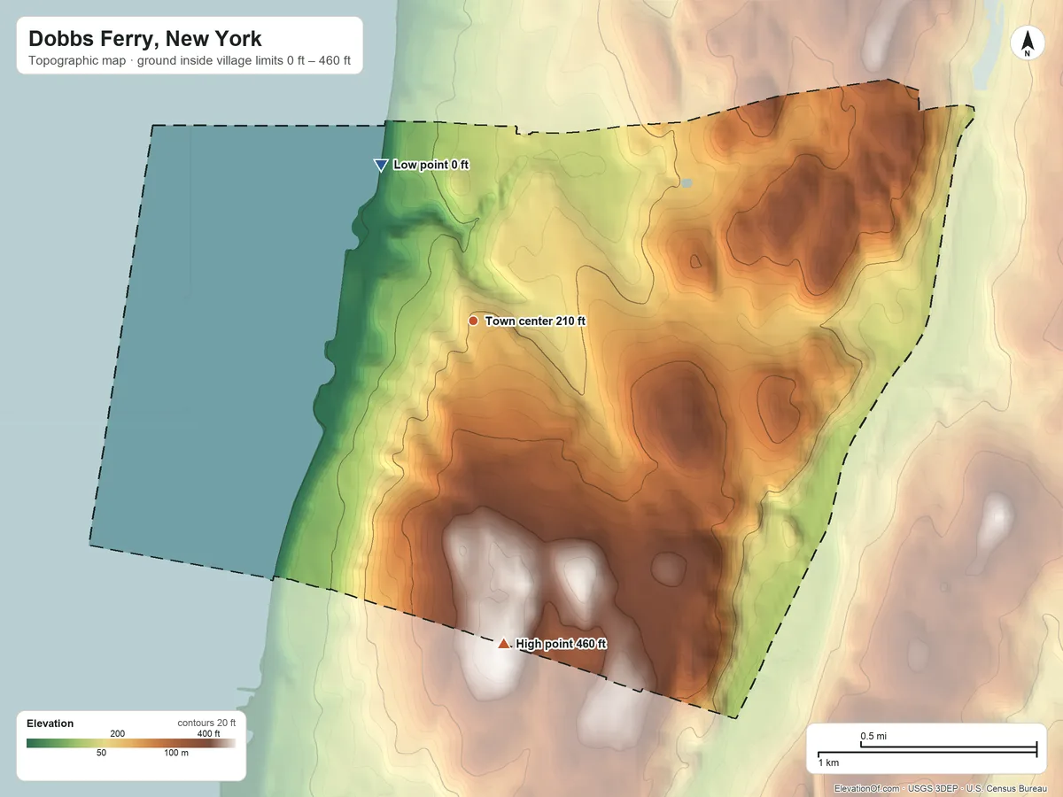 Topographic elevation map of Dobbs Ferry, New York, shaded from 0 ft on the northwest side to 460 ft on the south side