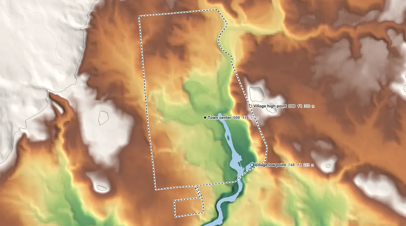 Topographic elevation map of Dolgeville, New York, shaded from 740 ft on the southeast side to 980 ft on the east side