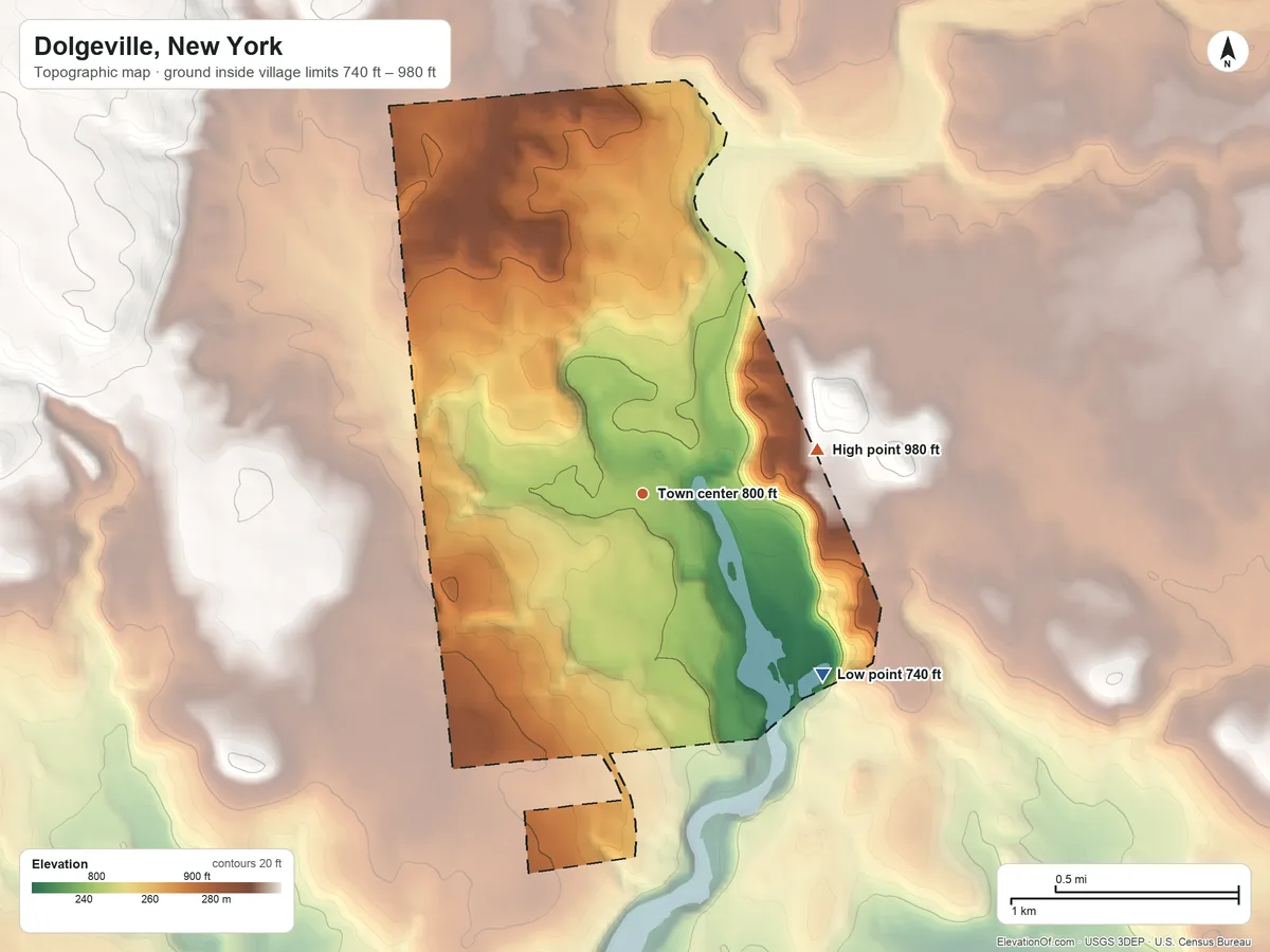 Topographic elevation map of Dolgeville, New York, shaded from 740 ft on the southeast side to 980 ft on the east side
