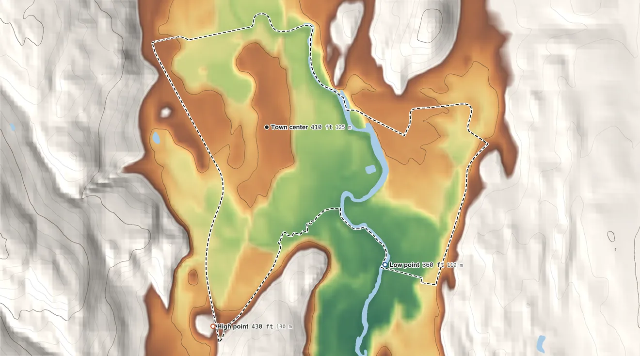Topographic elevation map of Dover Plains, New York, shaded from 360 ft on the southeast side to 430 ft at the foot of the Sharp Hills
