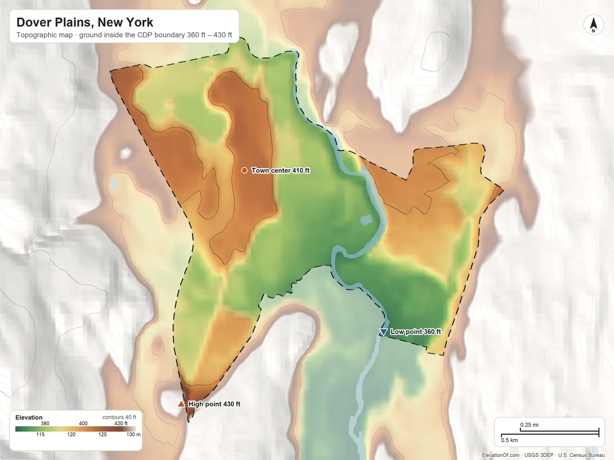 Topographic elevation map of Dover Plains, New York, shaded from 360 ft on the southeast side to 430 ft at the foot of the Sharp Hills