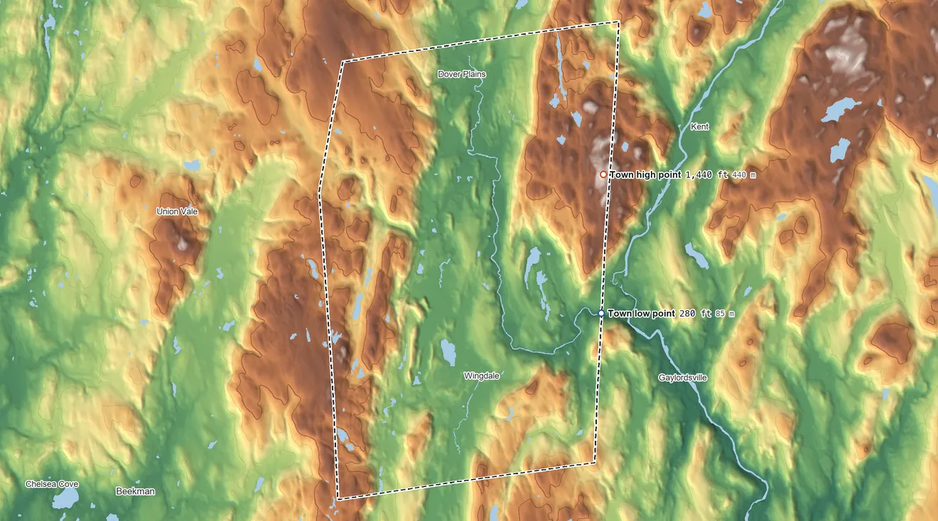 Topographic elevation map of Dover, New York, shaded from 280 ft on the east side to 1,440 ft on Preston Hill