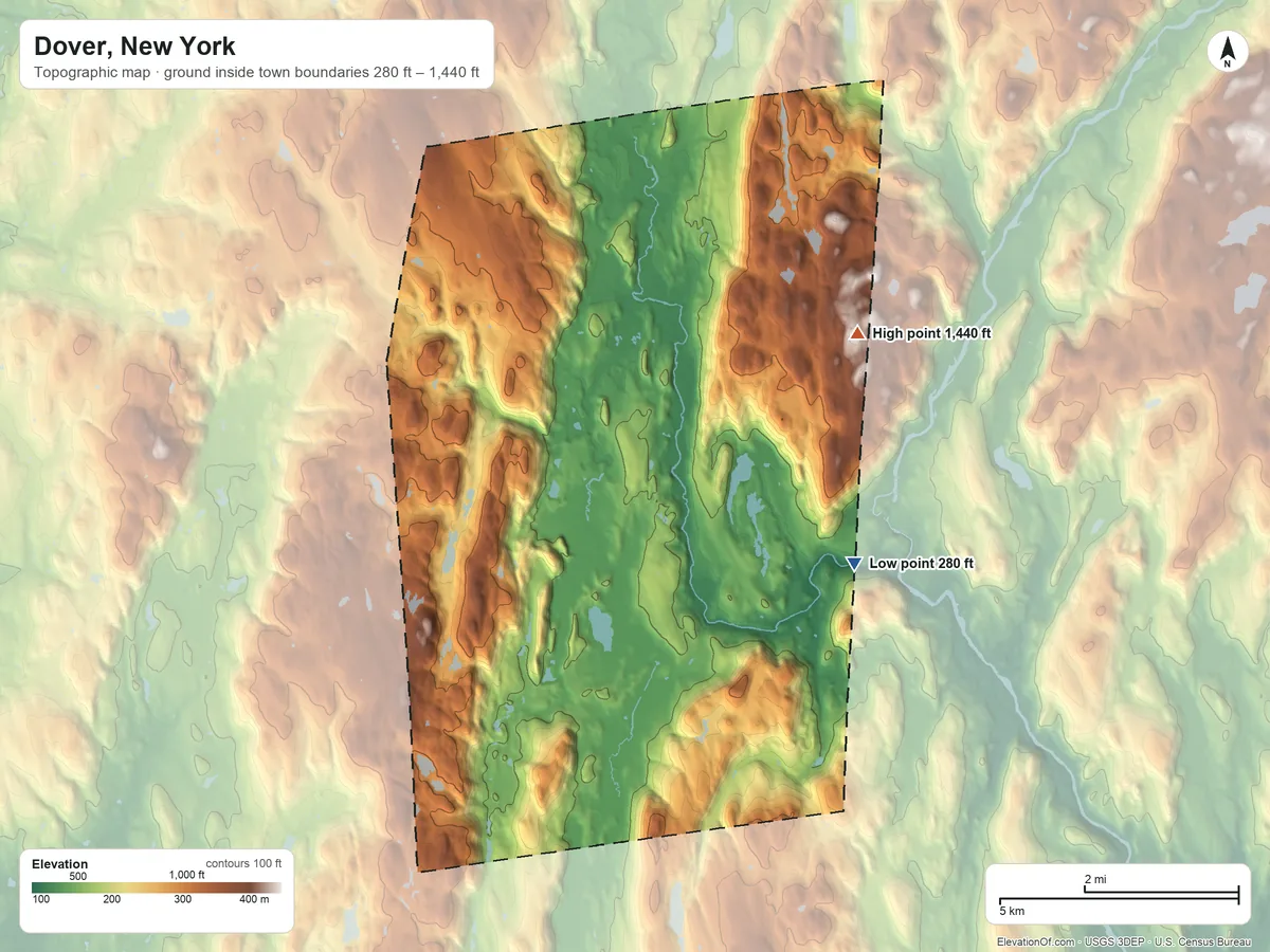 Topographic elevation map of Dover, New York, shaded from 280 ft on the east side to 1,440 ft on Preston Hill