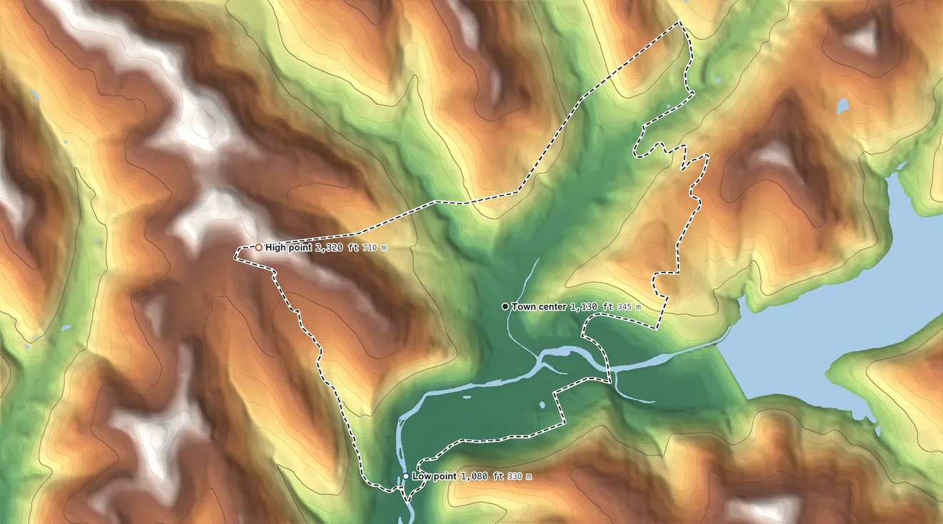 Topographic elevation map of Downsville, New York, shaded from 1,080 ft on the southwest side to 2,320 ft on the west side