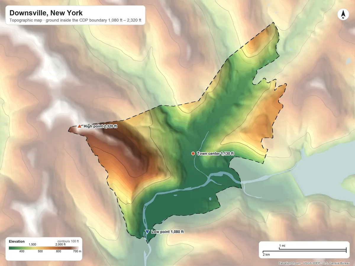 Topographic elevation map of Downsville, New York, shaded from 1,080 ft on the southwest side to 2,320 ft on the west side