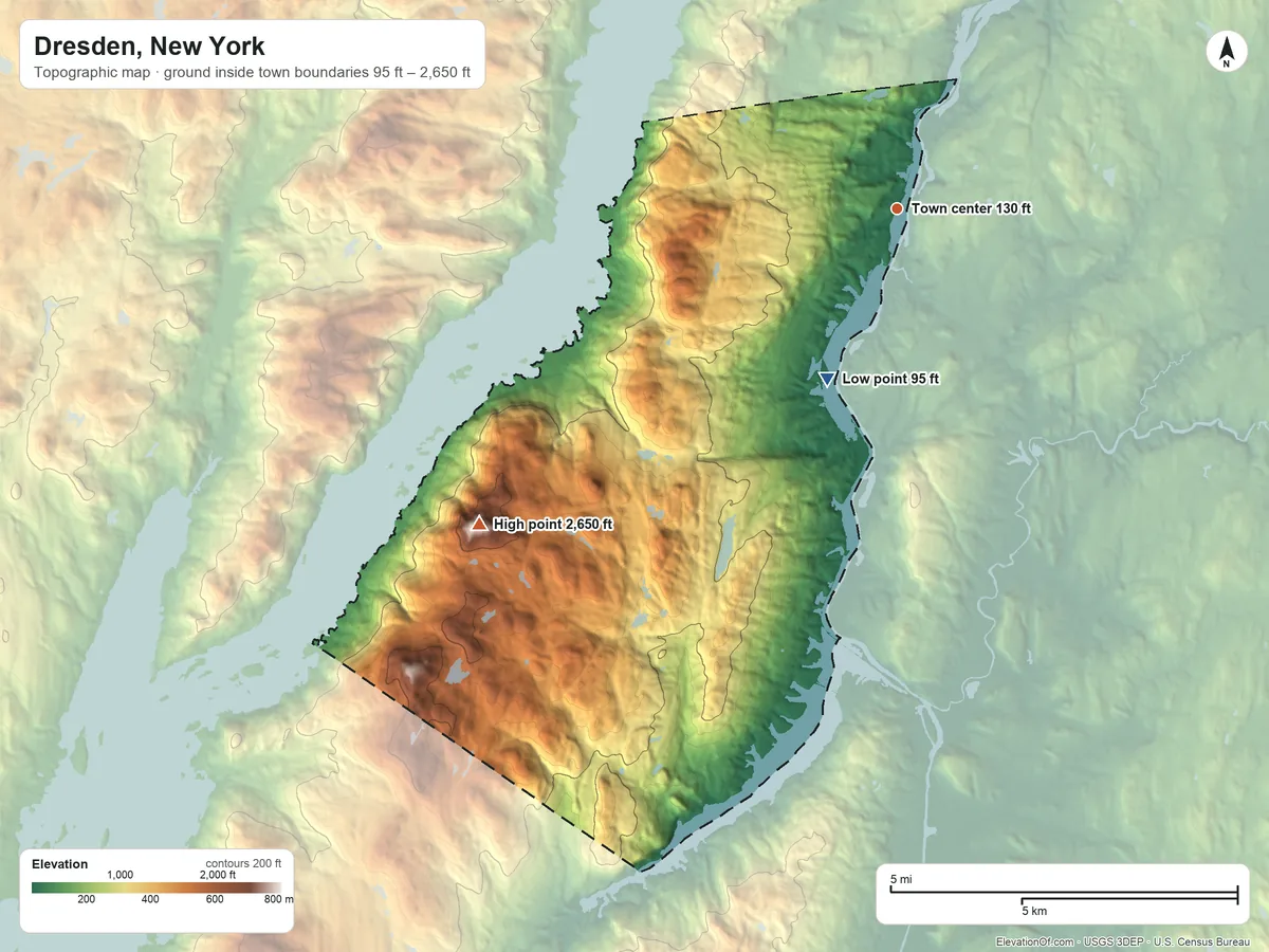 Topographic elevation map of Dresden, New York, shaded from 95 ft on the south side to 2,650 ft on Black Mountain