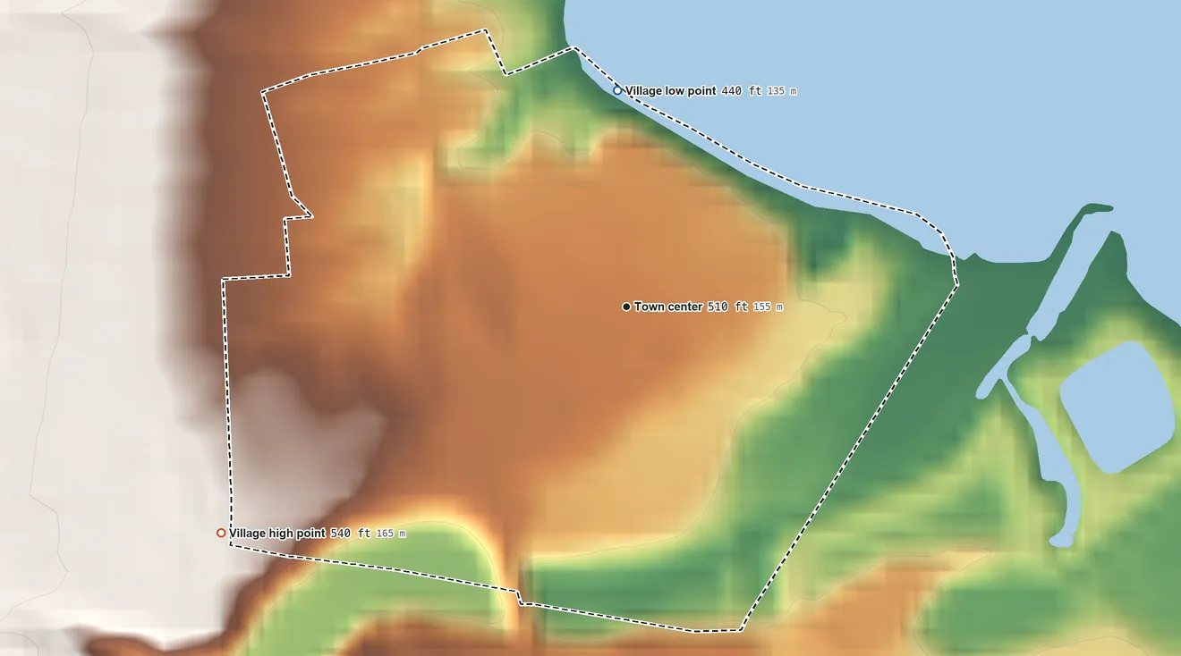 Topographic elevation map of Village of Dresden, New York, shaded from 440 ft on the north side to 540 ft on the southwest edge, below higher ground just outside