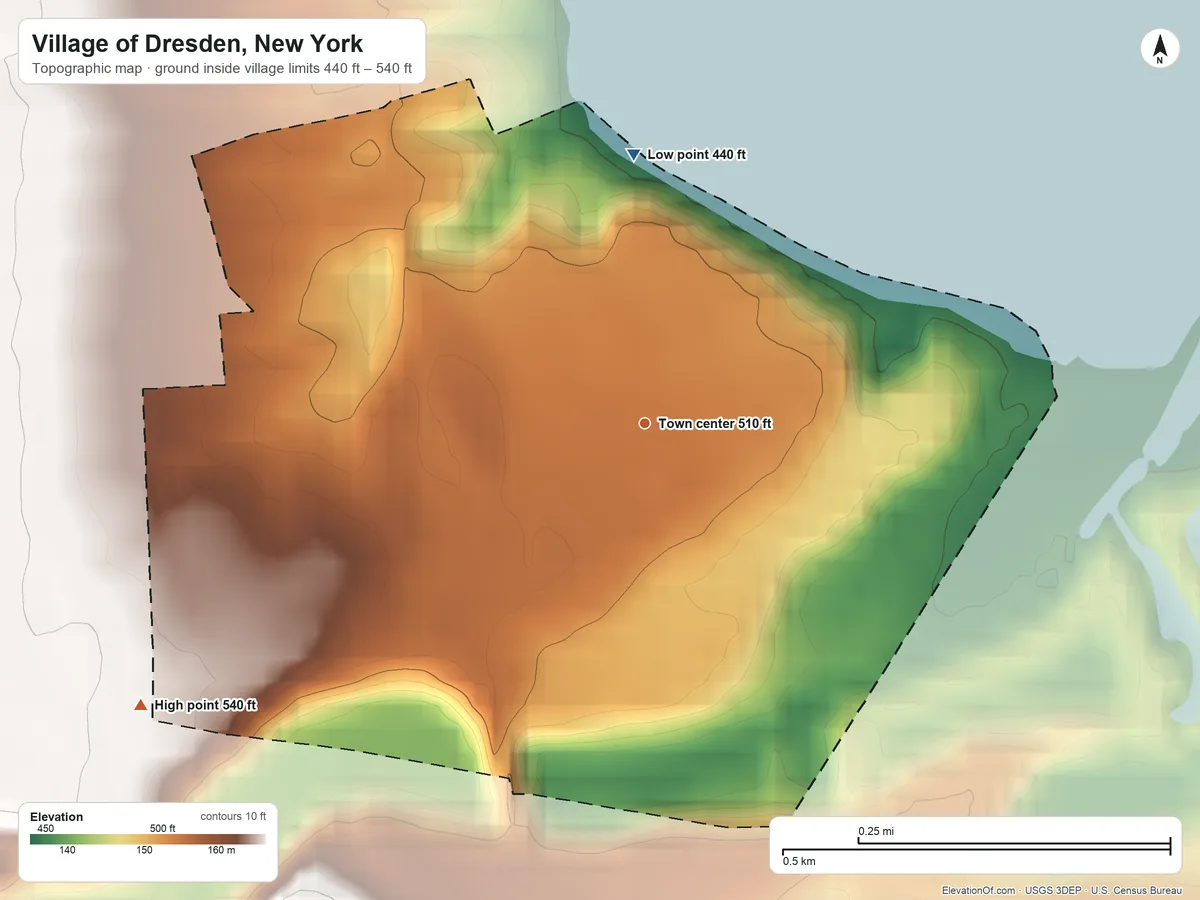 Topographic elevation map of Village of Dresden, New York, shaded from 440 ft on the north side to 540 ft on the southwest edge, below higher ground just outside