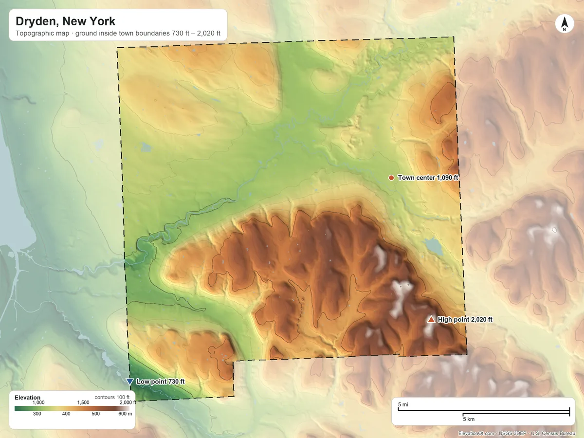 Topographic elevation map of Dryden, New York, shaded from 730 ft on the southwest side to 2,020 ft on the south side