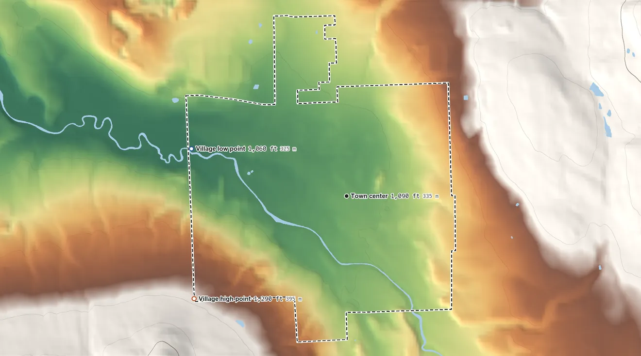 Topographic elevation map of Village of Dryden, New York, shaded from 1,060 ft on the west side to 1,290 ft on the southwest edge, below higher ground just outside