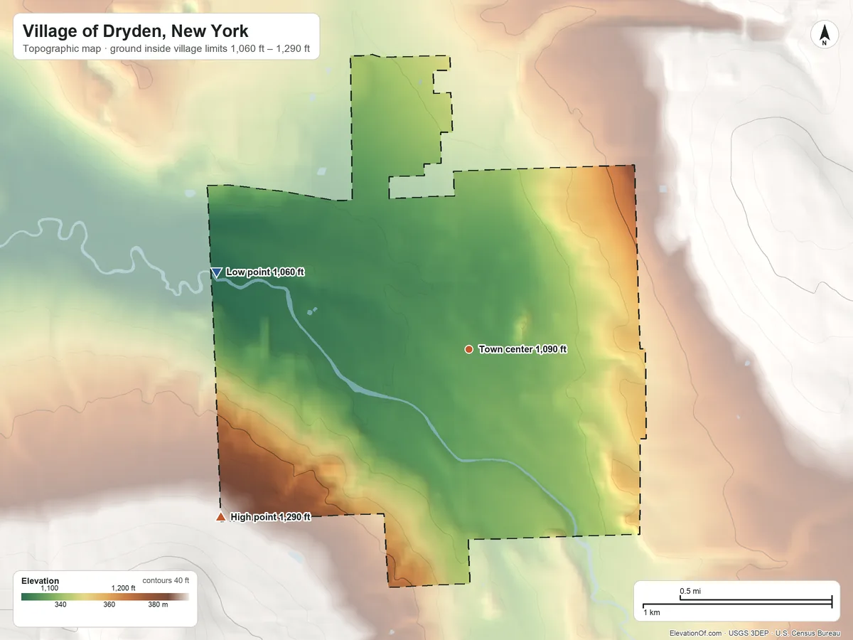 Topographic elevation map of Village of Dryden, New York, shaded from 1,060 ft on the west side to 1,290 ft on the southwest edge, below higher ground just outside