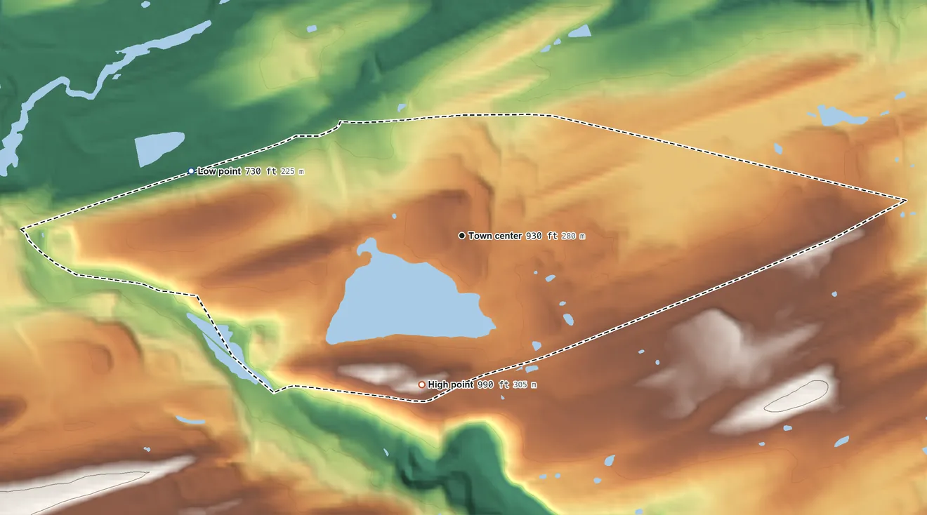 Topographic elevation map of Duane Lake, New York, shaded from 730 ft on the west side to 990 ft on the south side