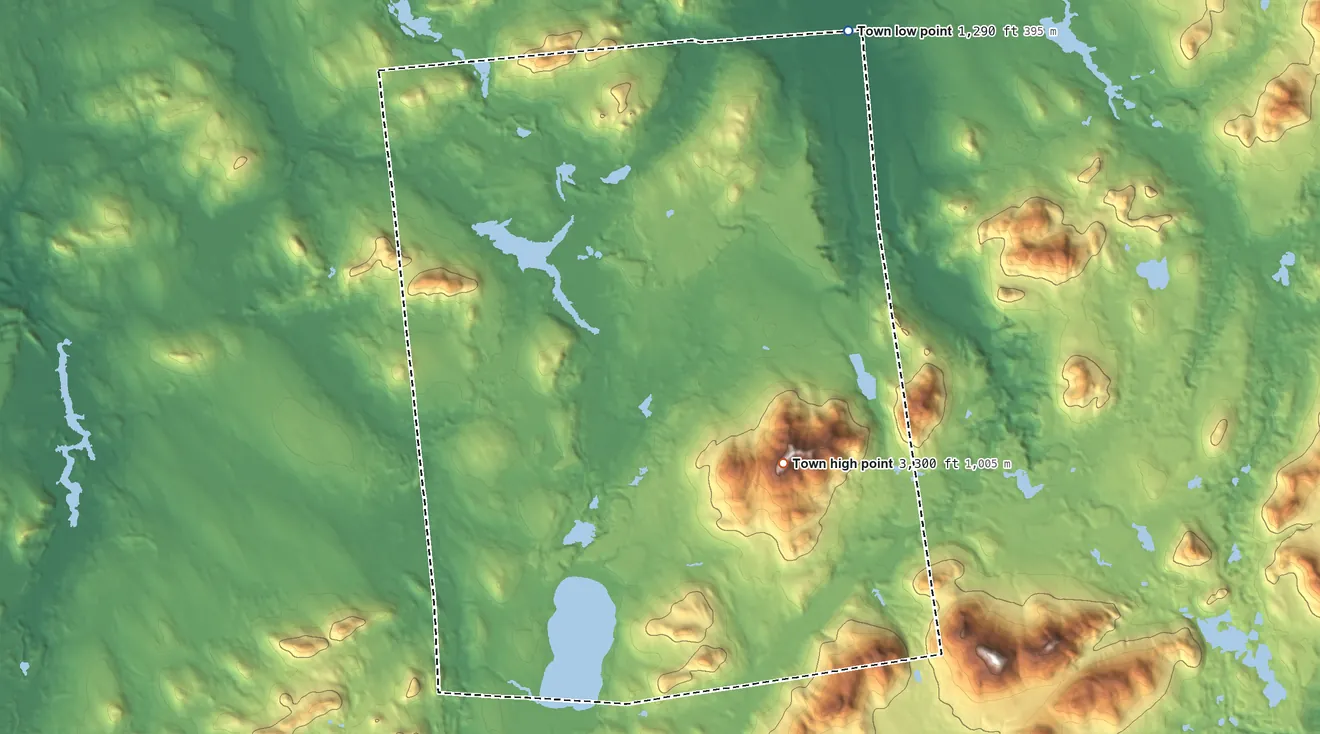 Topographic elevation map of Duane, New York, shaded from 1,290 ft on the northeast side to 3,300 ft on Debar Mountain