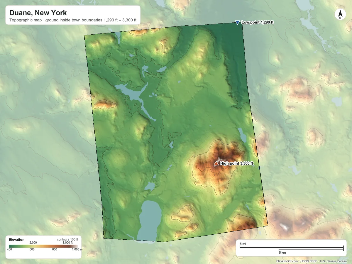 Topographic elevation map of Duane, New York, shaded from 1,290 ft on the northeast side to 3,300 ft on Debar Mountain