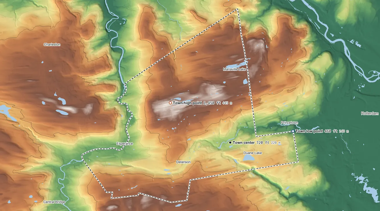 Topographic elevation map of Duanesburg, New York, shaded from 460 ft on the east side to 1,450 ft on the northwest side