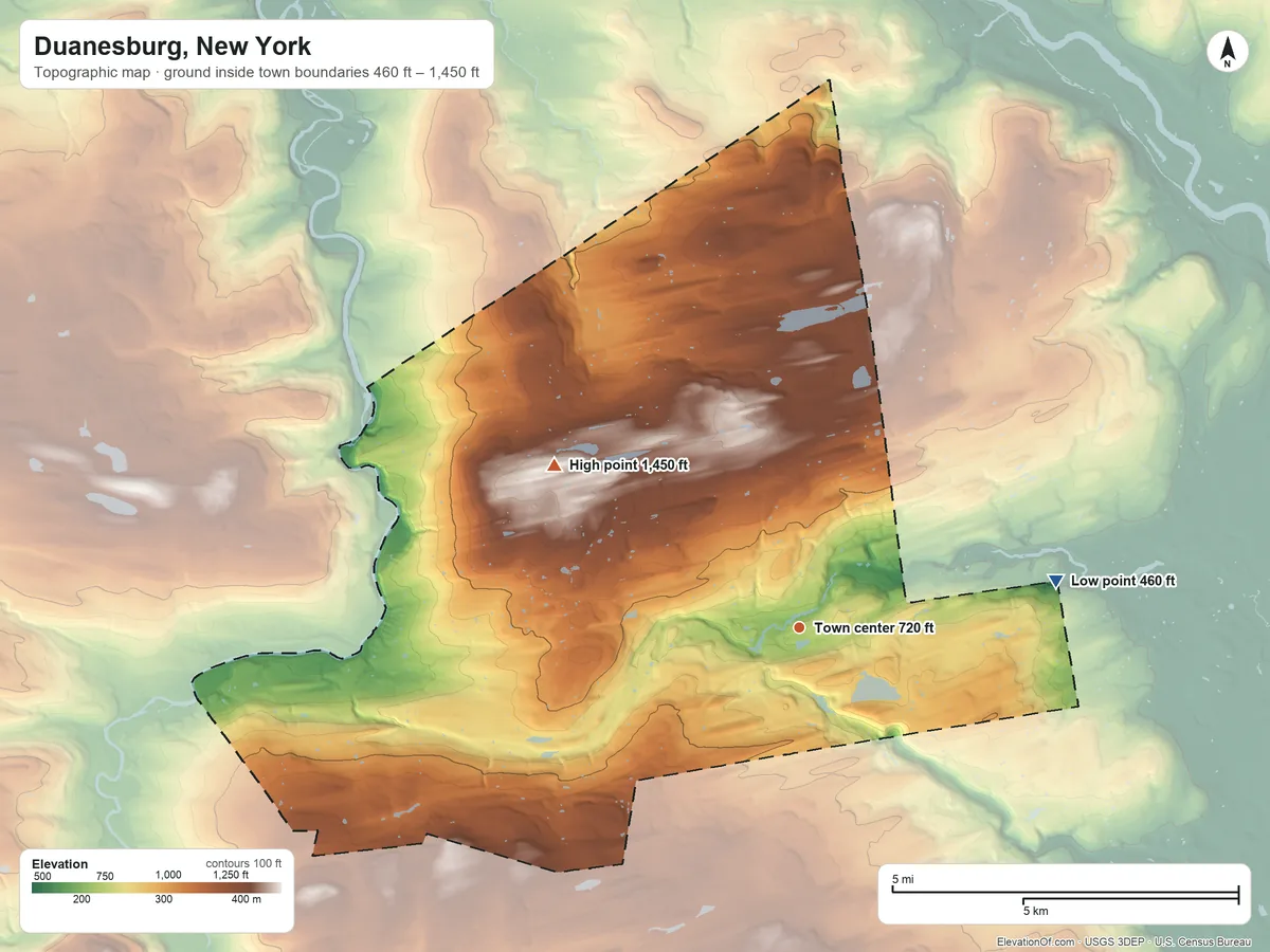 Topographic elevation map of Duanesburg, New York, shaded from 460 ft on the east side to 1,450 ft on the northwest side