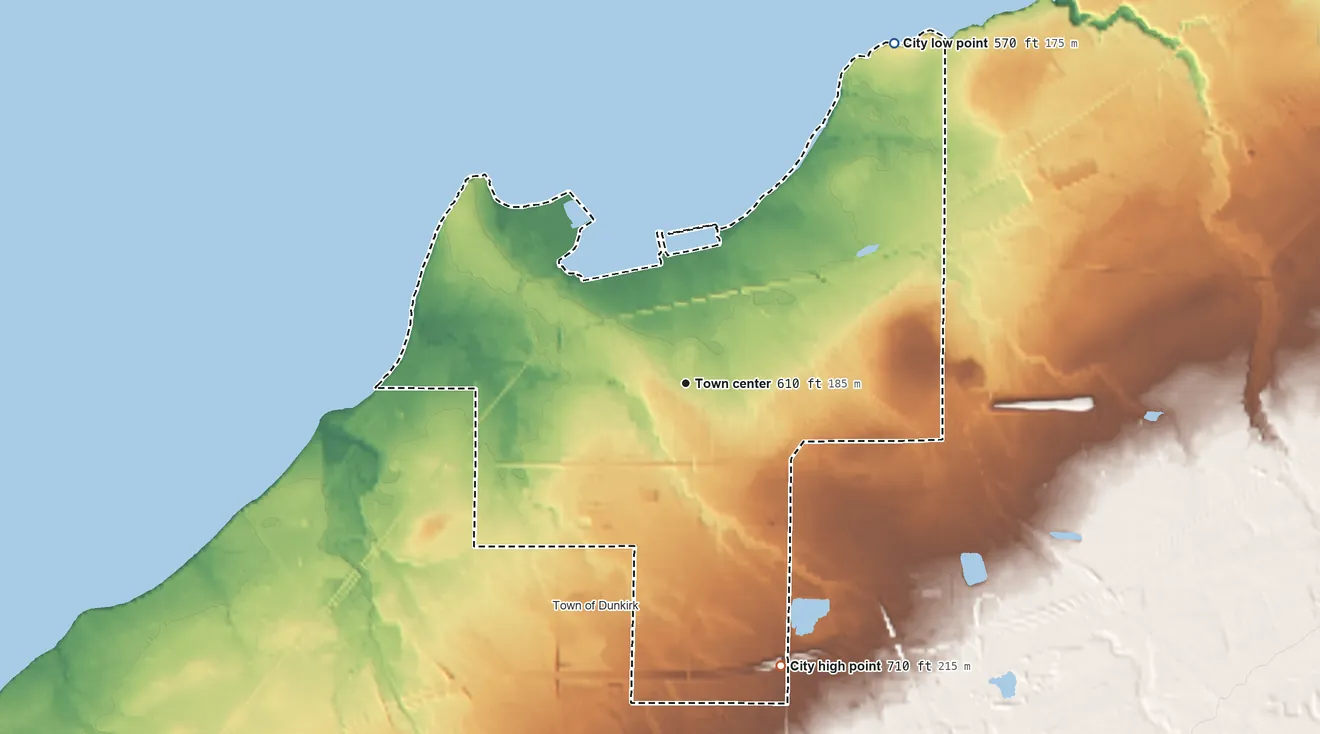 Topographic elevation map of Dunkirk, New York, shaded from 570 ft on the northeast side to 710 ft on the south side