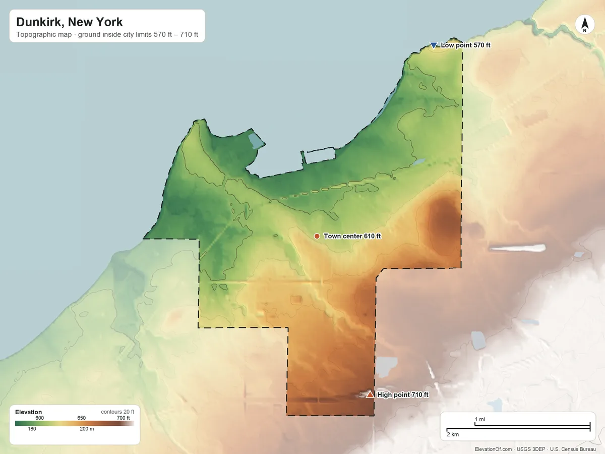 Topographic elevation map of Dunkirk, New York, shaded from 570 ft on the northeast side to 710 ft on the south side
