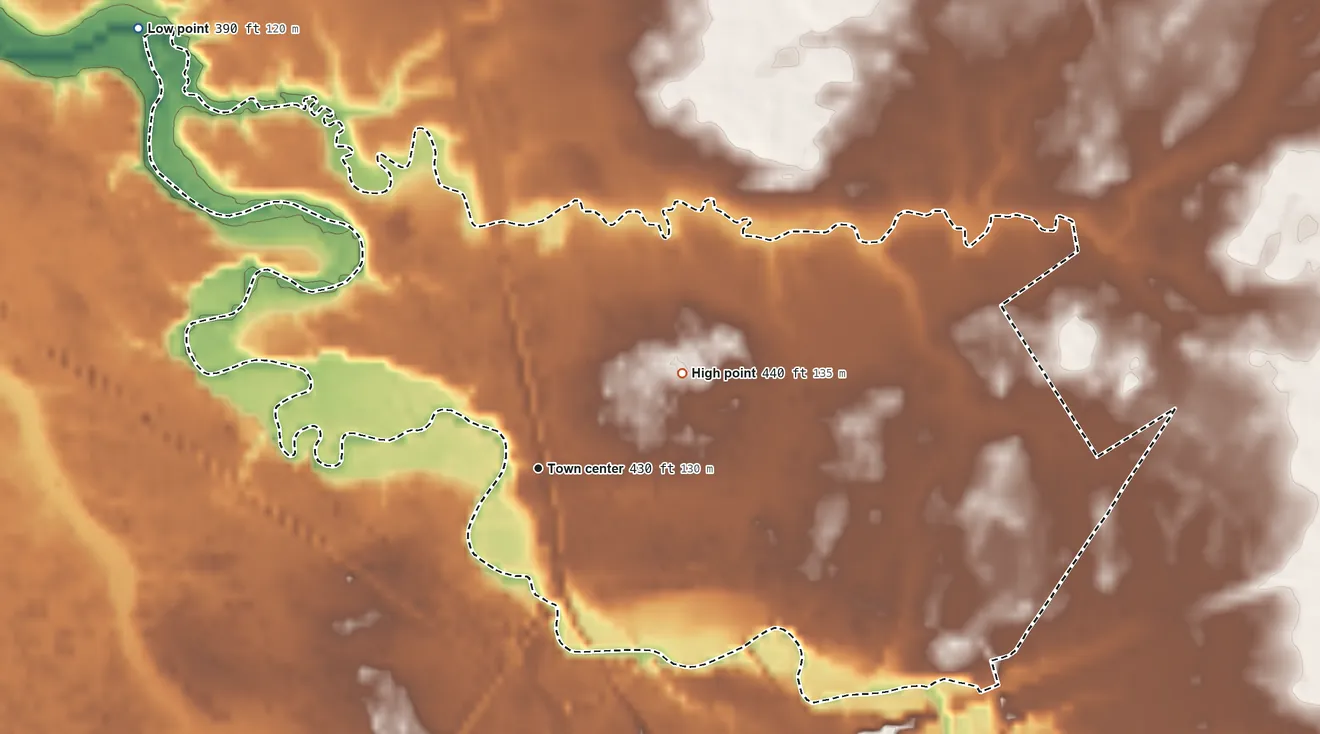 Topographic elevation map of Durhamville, New York, shaded from 390 ft on the northwest side to 440 ft on the northeast side
