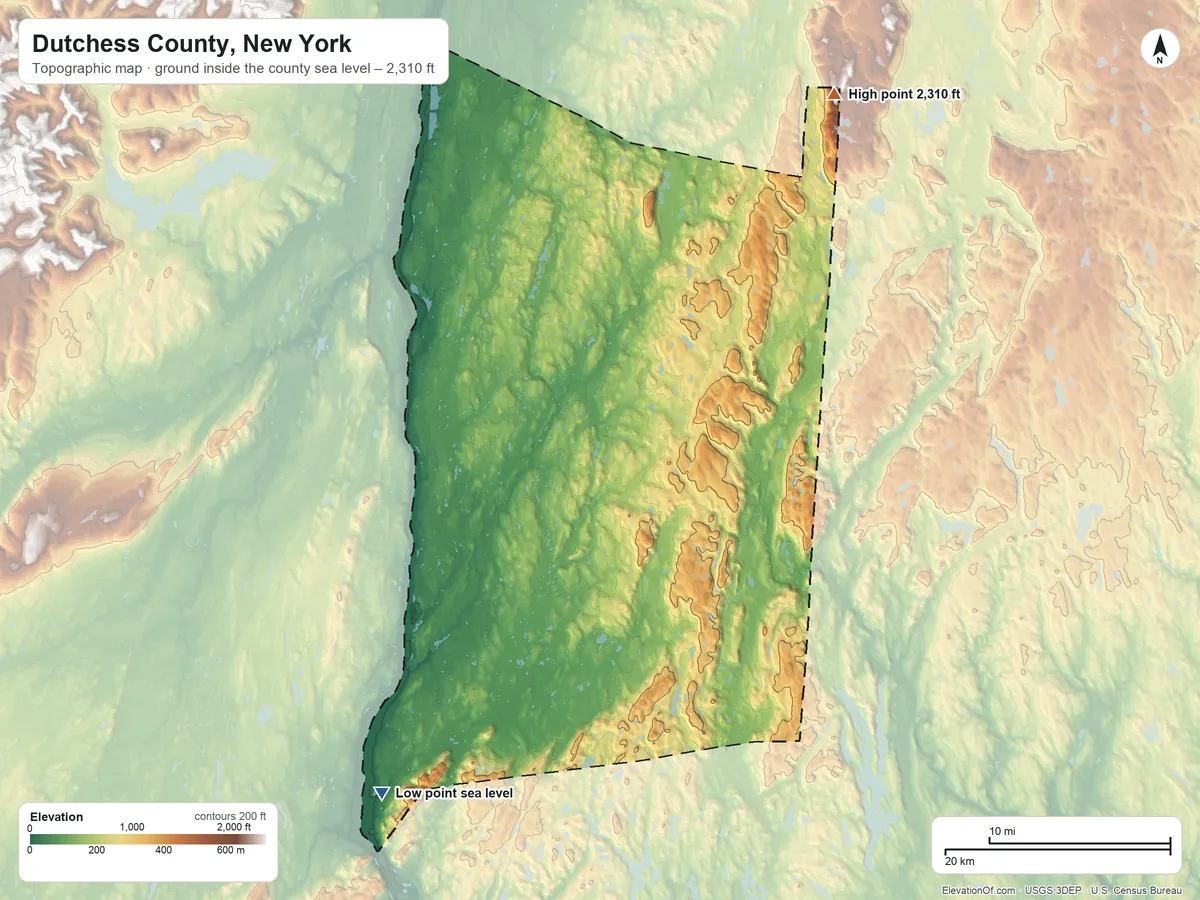 Topographic elevation map of Dutchess County, New York, shaded from sea level on Fishkill Creek Bay to 2,310 ft on Brace Mountain