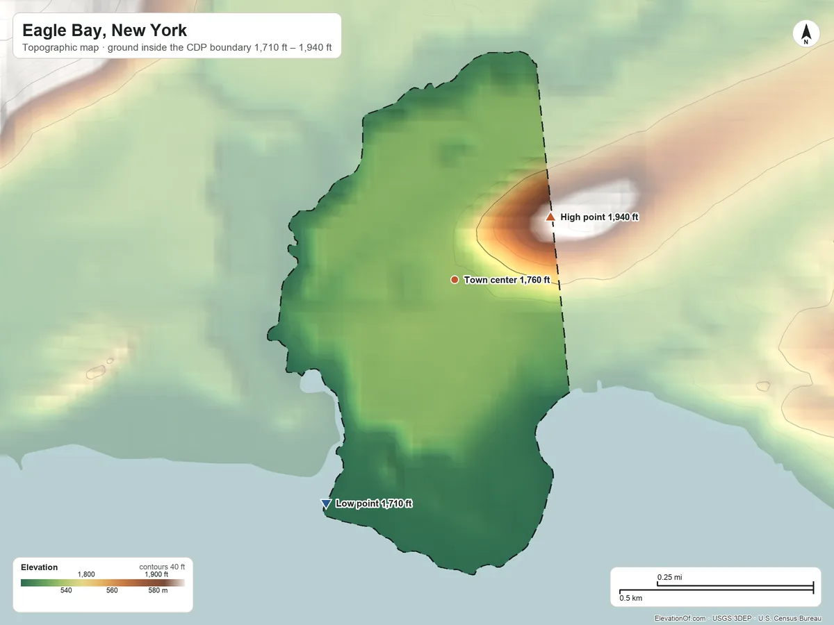 Topographic elevation map of Eagle Bay, New York, shaded from 1,710 ft on the southwest side to 1,940 ft on the northeast edge, below higher ground just outside