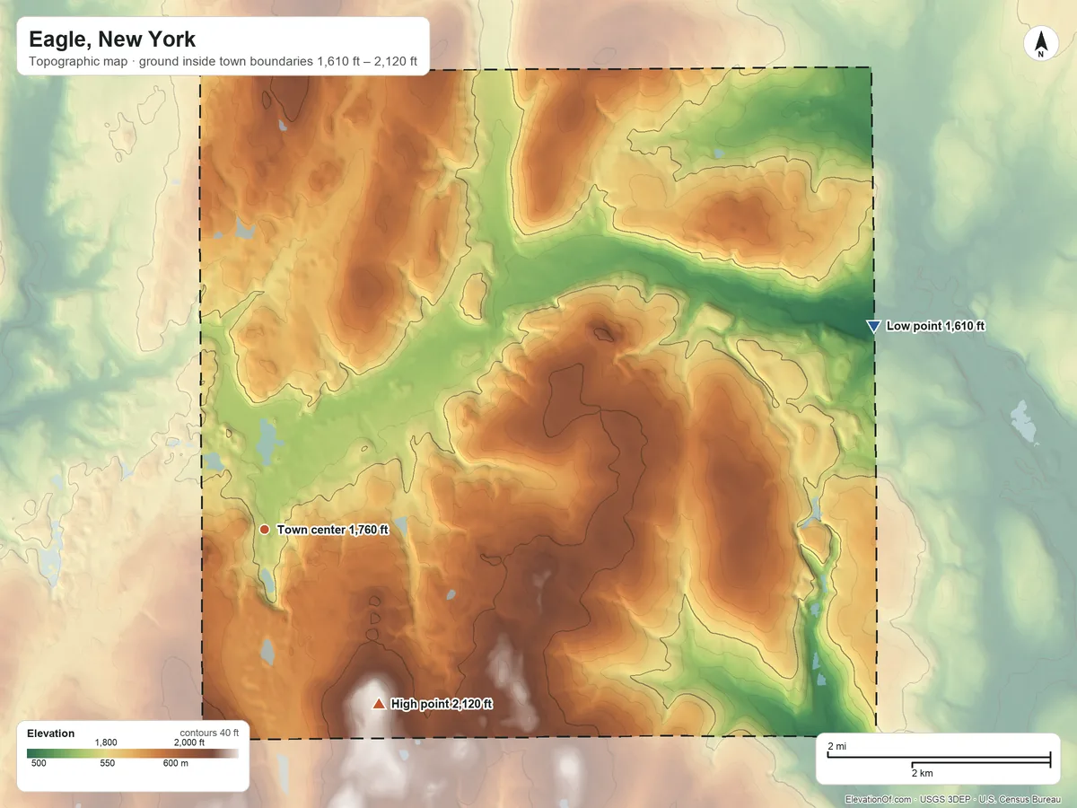 Topographic elevation map of Eagle, New York, shaded from 1,610 ft on the east side to 2,120 ft on the southeast side