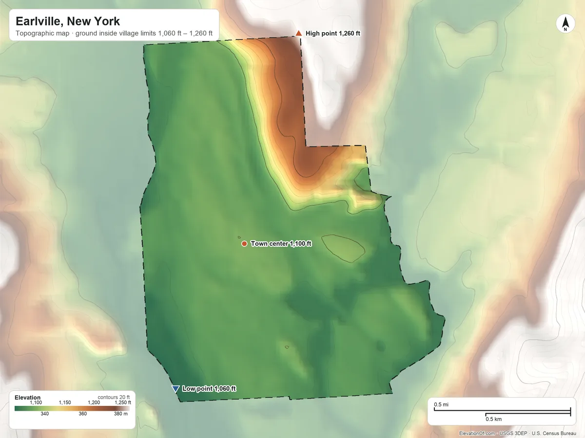 Topographic elevation map of Earlville, New York, shaded from 1,060 ft on the southwest side to 1,260 ft on the north edge, below higher ground just outside