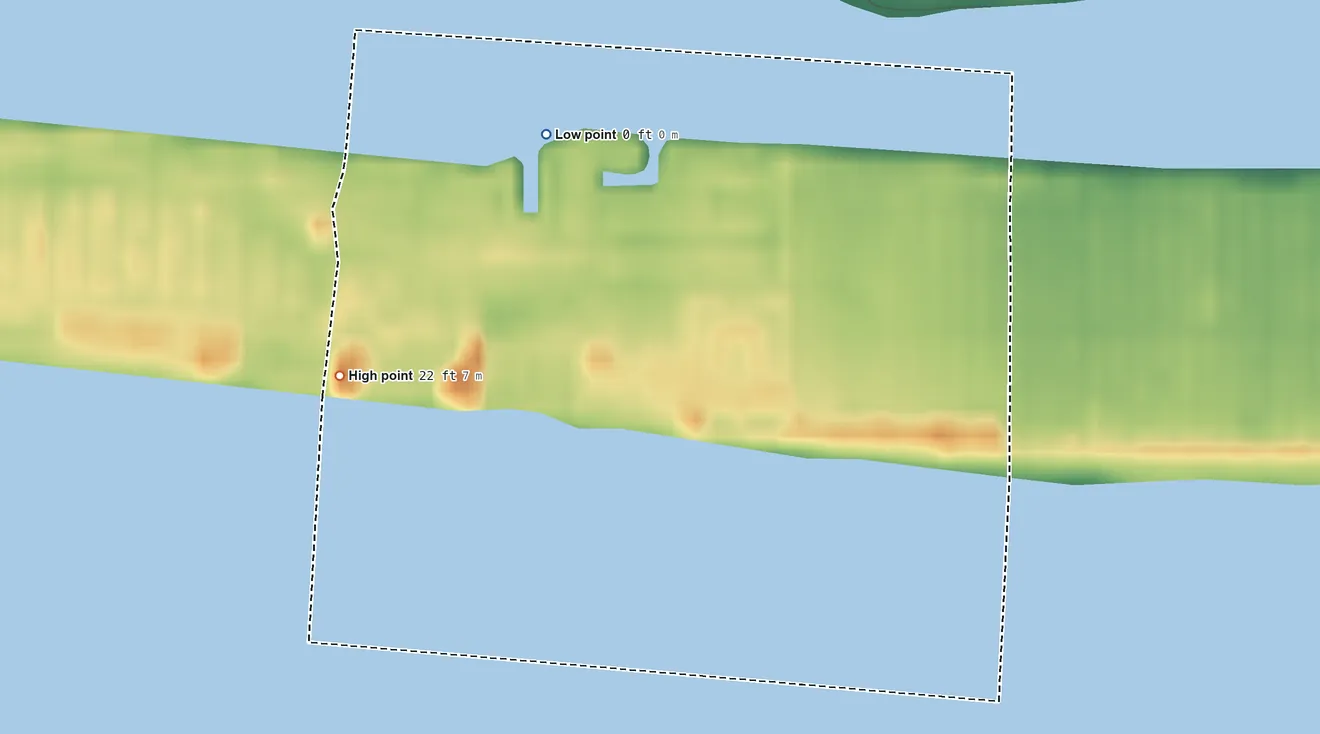 Topographic elevation map of East Atlantic Beach, New York, shaded from sea level level on the Atlantic Ocean to 22 ft on the west side