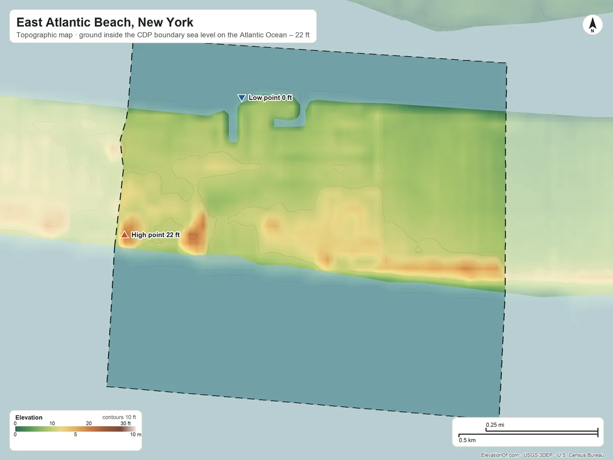 Topographic elevation map of East Atlantic Beach, New York, shaded from sea level level on the Atlantic Ocean to 22 ft on the west side