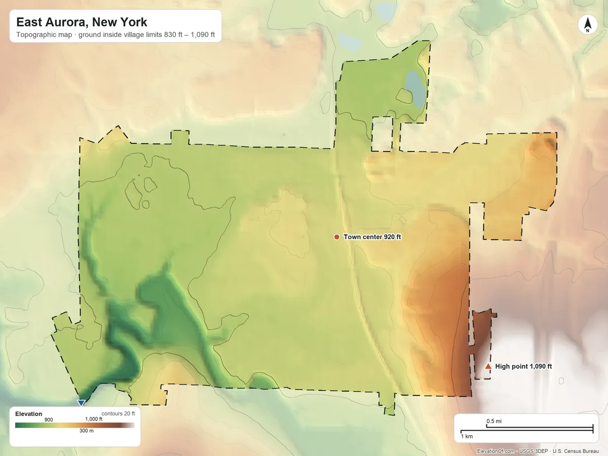 Topographic elevation map of East Aurora, New York, shaded from 830 ft on the southwest side to 1,090 ft on the southeast side