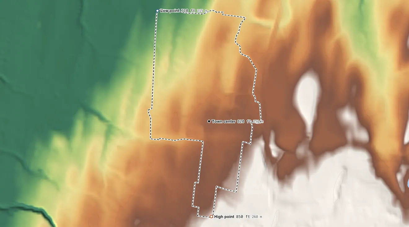 Topographic elevation map of East Avon, New York, shaded from 710 ft on the northwest side to 850 ft on the south side