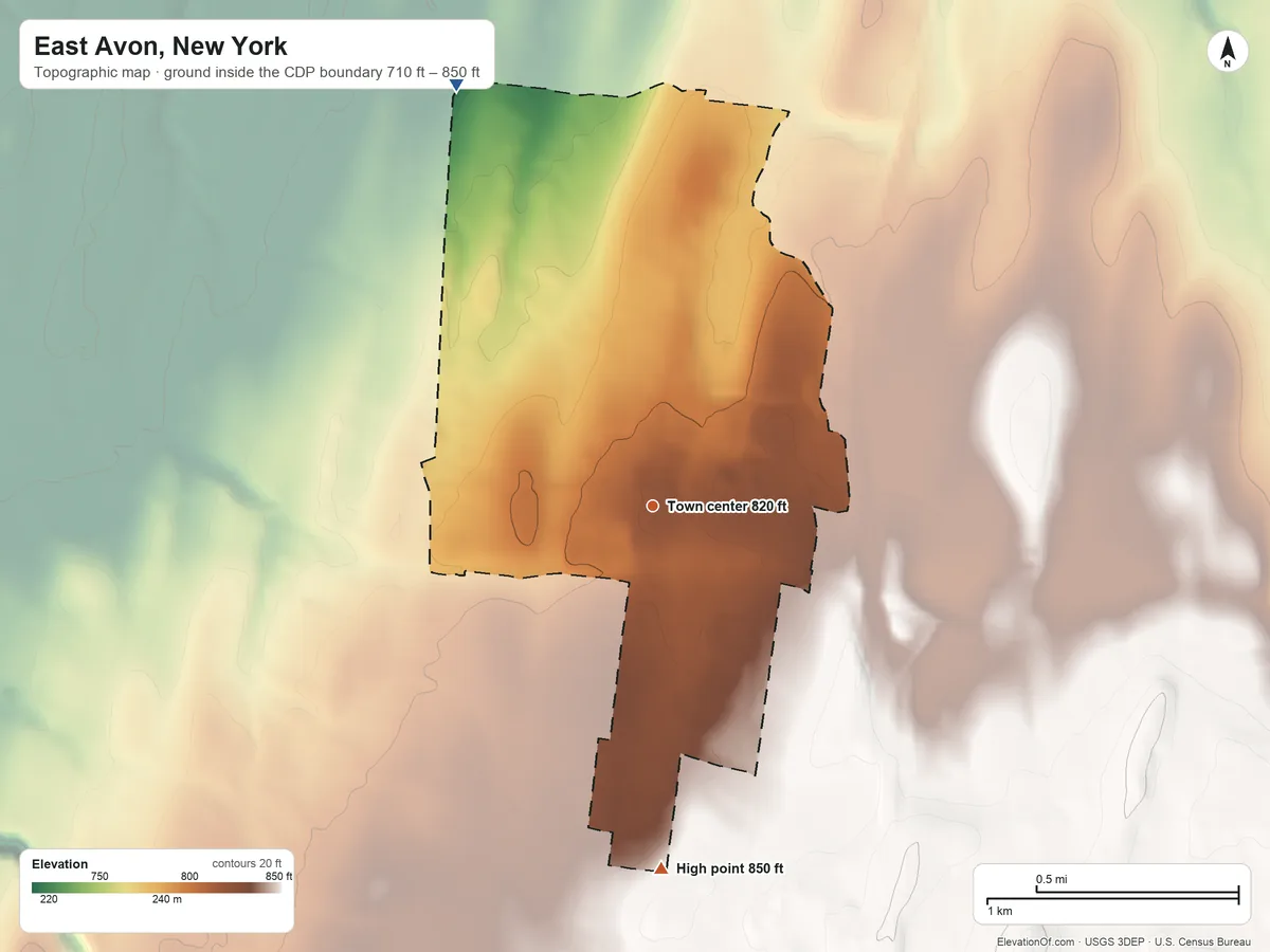Topographic elevation map of East Avon, New York, shaded from 710 ft on the northwest side to 850 ft on the south side