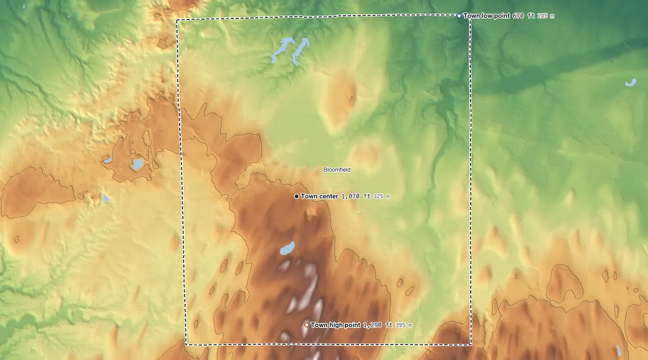 Topographic elevation map of East Bloomfield, New York, shaded from 670 ft on the northeast side to 1,290 ft on the south side