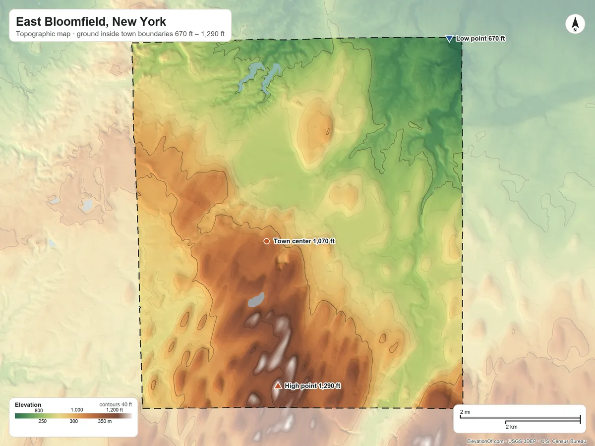 Topographic elevation map of East Bloomfield, New York, shaded from 670 ft on the northeast side to 1,290 ft on the south side