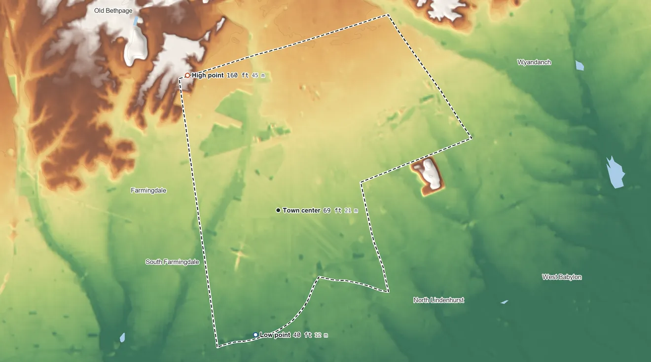 Topographic elevation map of East Farmingdale, New York, shaded from 40 ft on the south side to 160 ft on the northwest side