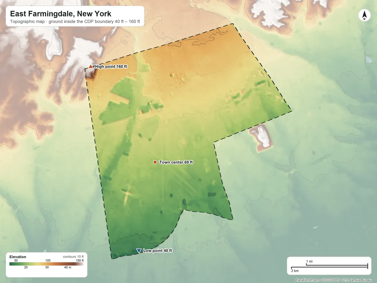 Topographic elevation map of East Farmingdale, New York, shaded from 40 ft on the south side to 160 ft on the northwest side