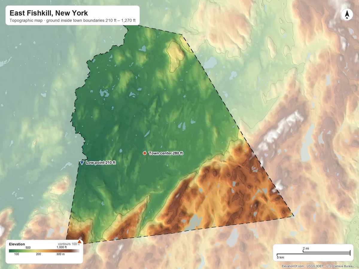 Topographic elevation map of East Fishkill, New York, shaded from 210 ft on the west side to 1,270 ft on Round Mountain
