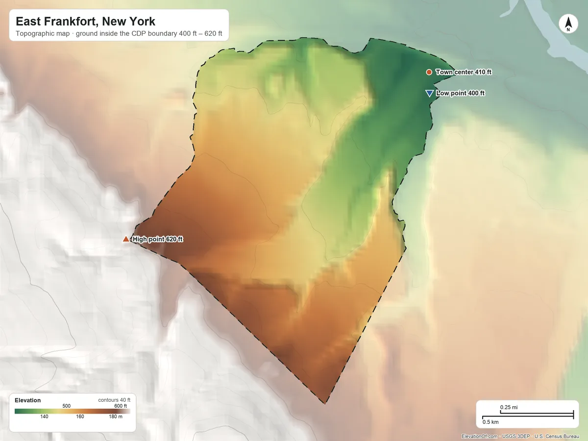Topographic elevation map of East Frankfort, New York, shaded from 400 ft near the middle to 620 ft on the southwest edge, below higher ground just outside