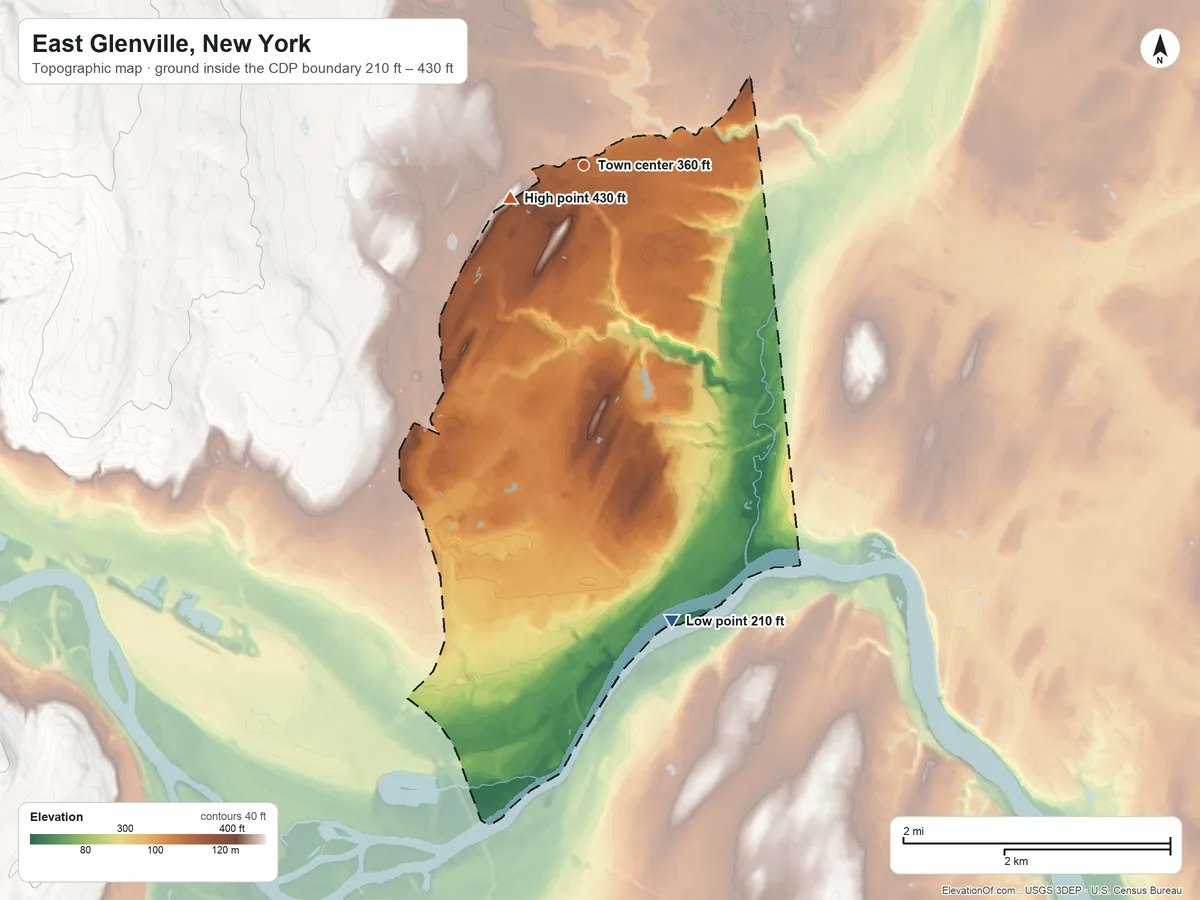 Topographic elevation map of East Glenville, New York, shaded from 210 ft on the south side to 430 ft near the middle