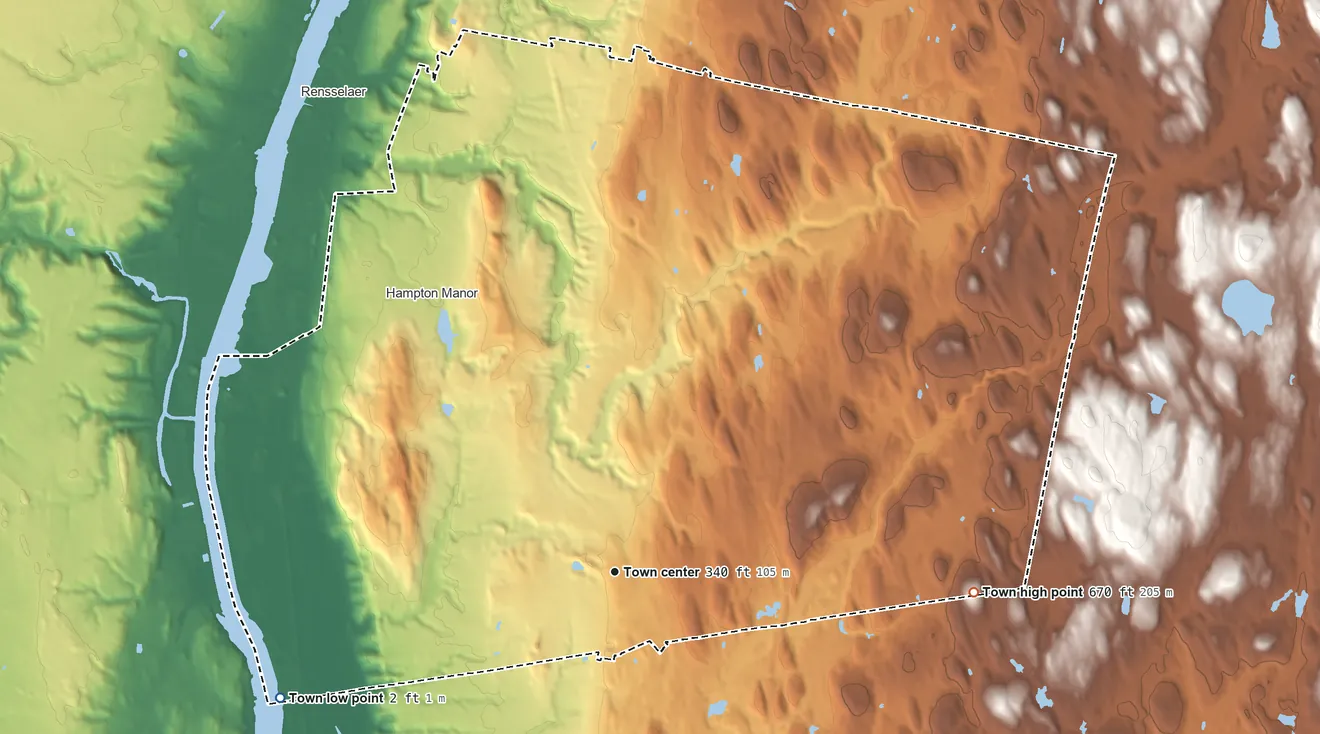 Topographic elevation map of East Greenbush, New York, shaded from 2 ft on the west side to 670 ft on the east side