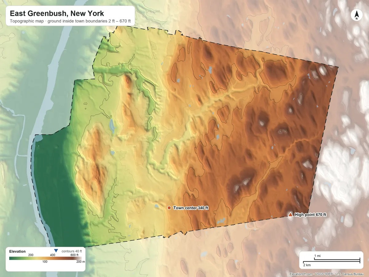 Topographic elevation map of East Greenbush, New York, shaded from 2 ft on the west side to 670 ft on the east side