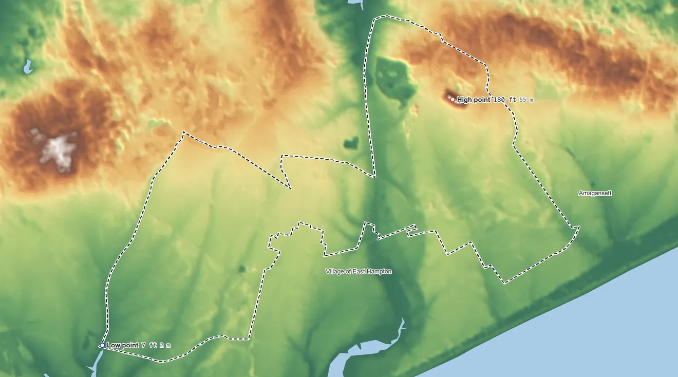 Topographic elevation map of East Hampton North, New York, shaded from 7 ft on the southwest side to 180 ft on the northeast side