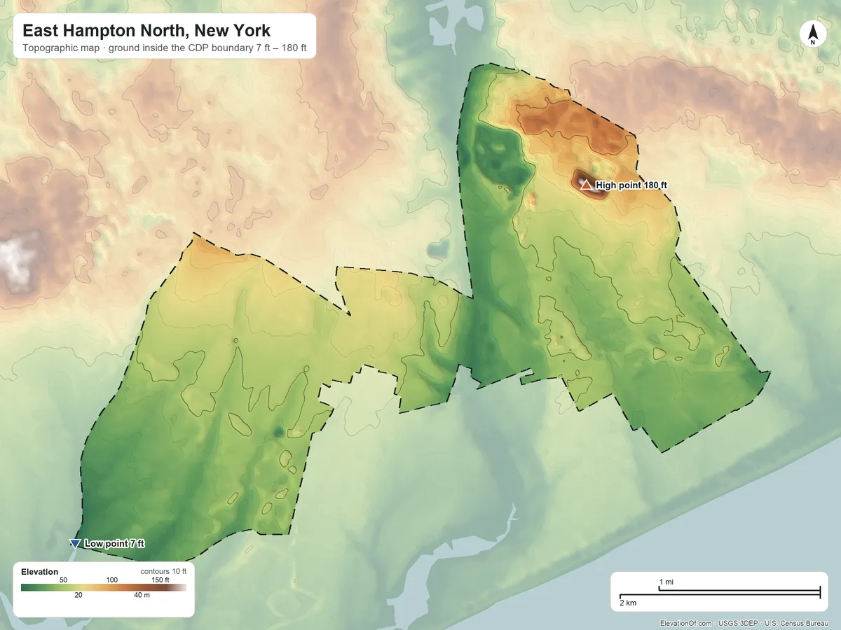 Topographic elevation map of East Hampton North, New York, shaded from 7 ft on the southwest side to 180 ft on the northeast side