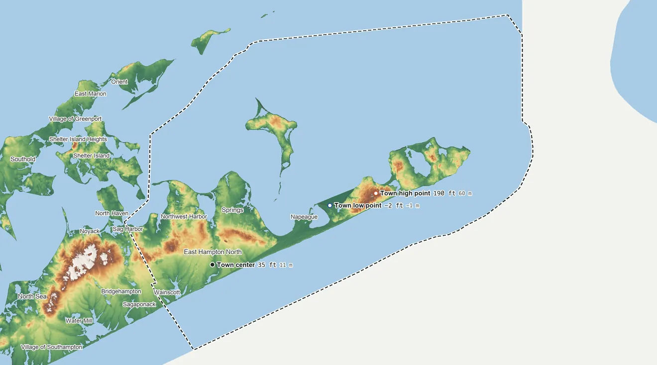 Topographic elevation map of East Hampton, New York, shaded from −2 ft on the northeast side to 190 ft on the northeast side