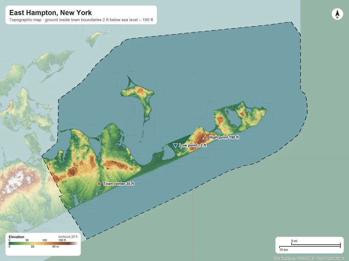 Topographic elevation map of East Hampton, New York, shaded from −2 ft on the northeast side to 190 ft on the northeast side