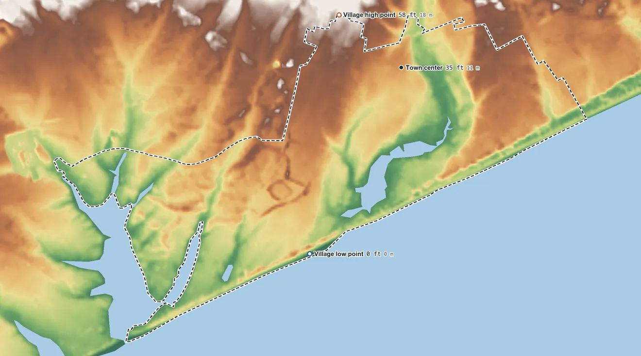 Topographic elevation map of Village of East Hampton, New York, shaded from sea level level on the Atlantic Ocean to 58 ft on the northwest side
